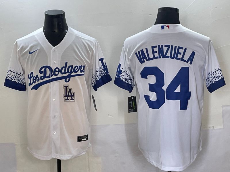 Men 2025 Los Angeles Dodgers #34 Valenzuela White blue City Edition Nike MLB Jersey style 9